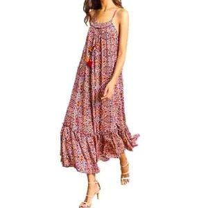MISA Thale Marseille Print Pom Pom Ruffle Maxi Dress Size S